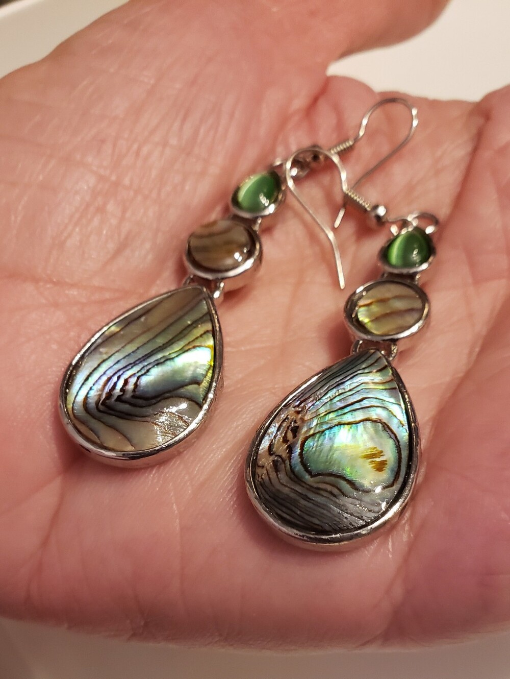 NEW Abalone/Green Cat's Eye French Wire Earrings, Dangle, Silvertone, 2"